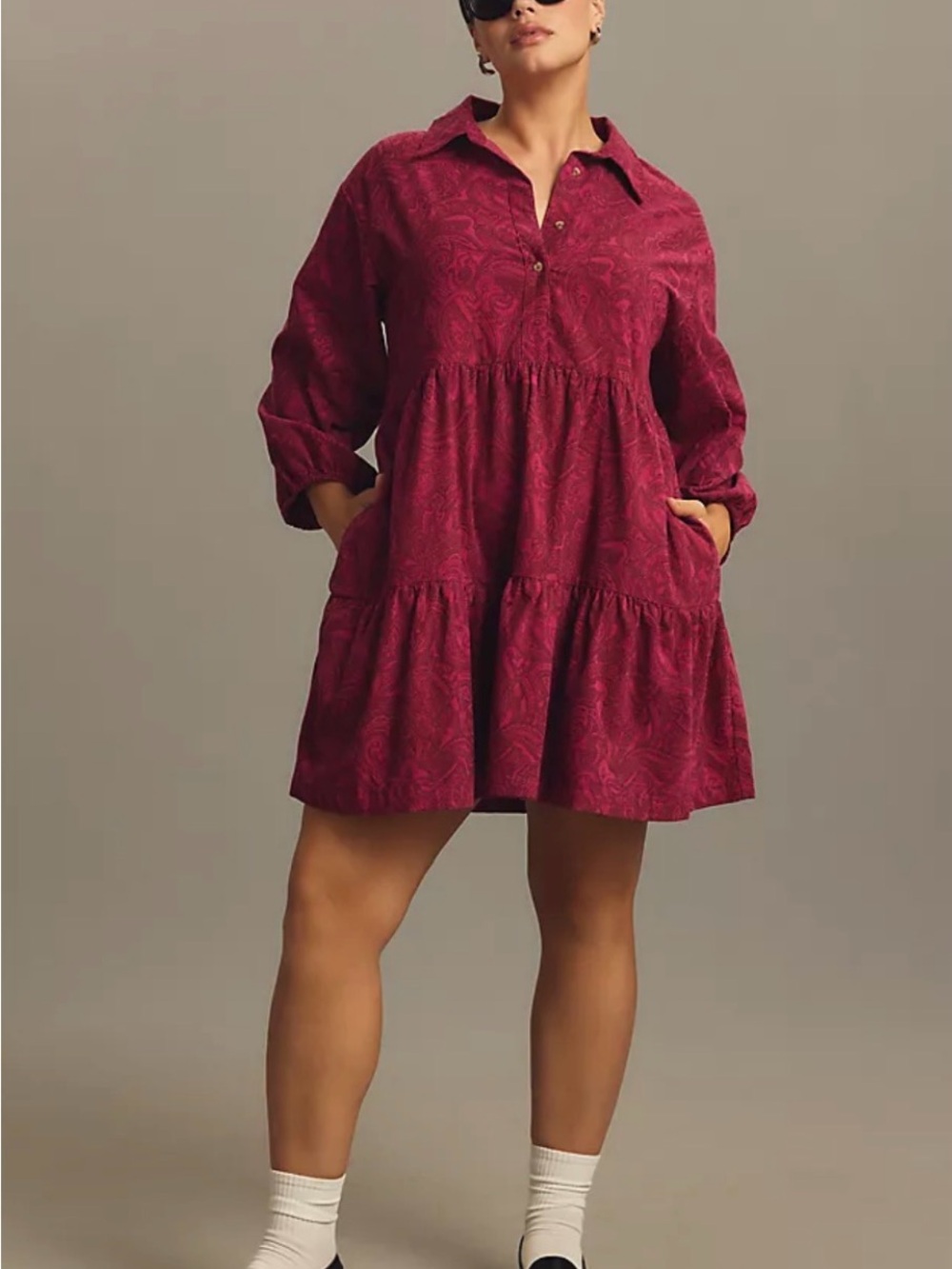 Maeve’s Corduroy Burgundy Tiered Dress